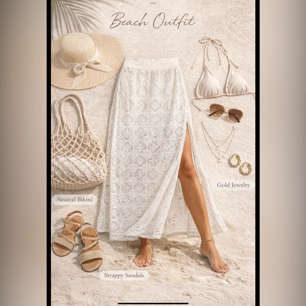 Solitaire swim White Lace Maxi Skirt Beach Cover Up Sheer Boho Resort size MED